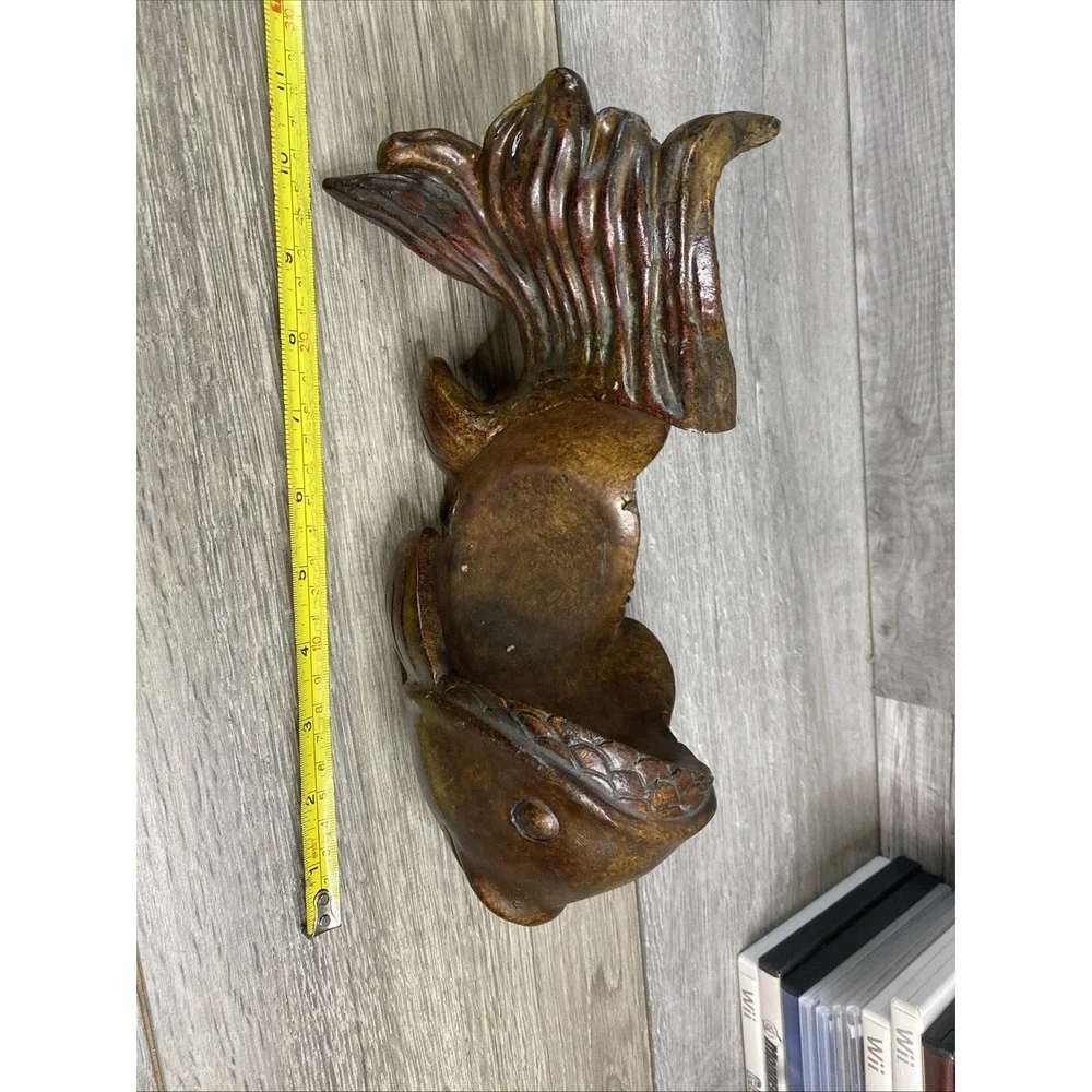 Japanese Fish Bowl Sculpture, Vintage Resin Wood‎ Look Koi Candle Holder